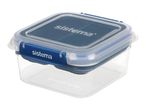 Clear plastic food storage container with a blue lid and locking clips.
