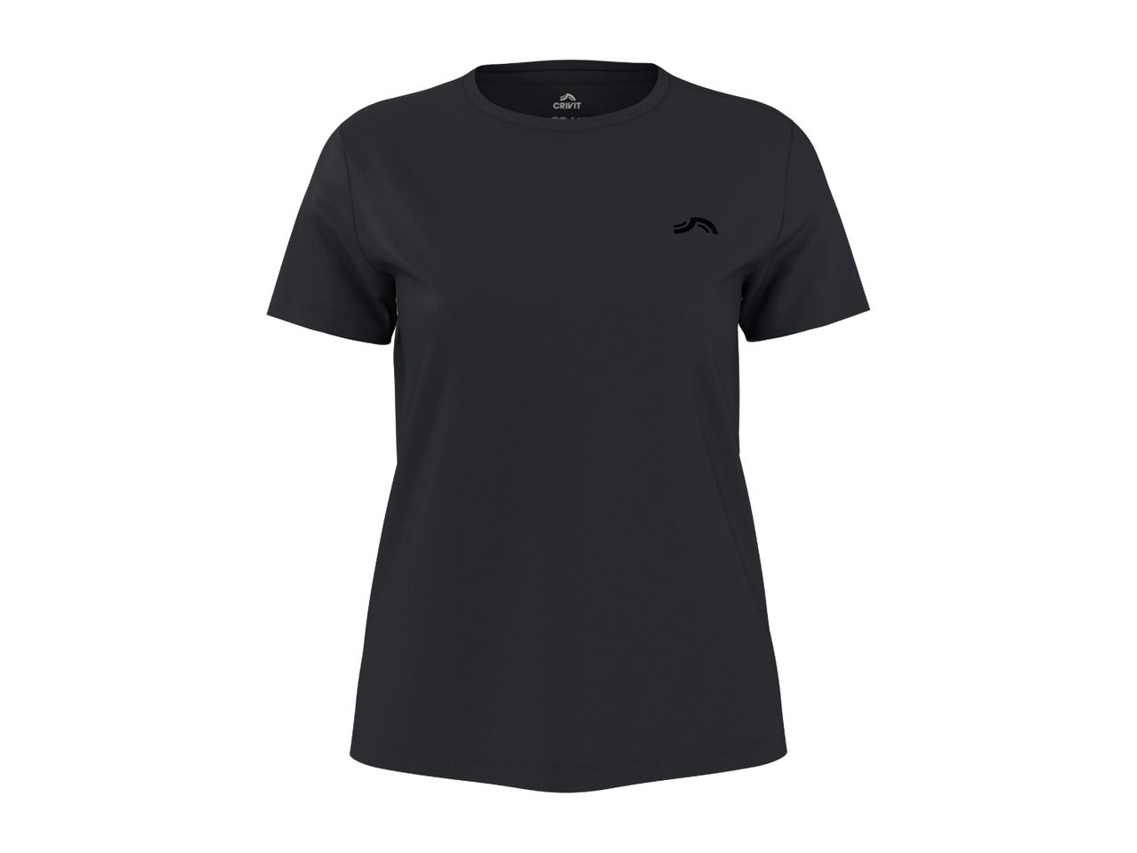 Dark grey short-sleeved women's sports t-shirt with a small black logo on the chest.