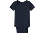 Dark blue short-sleeved baby bodysuit with snap closures at the crotch.