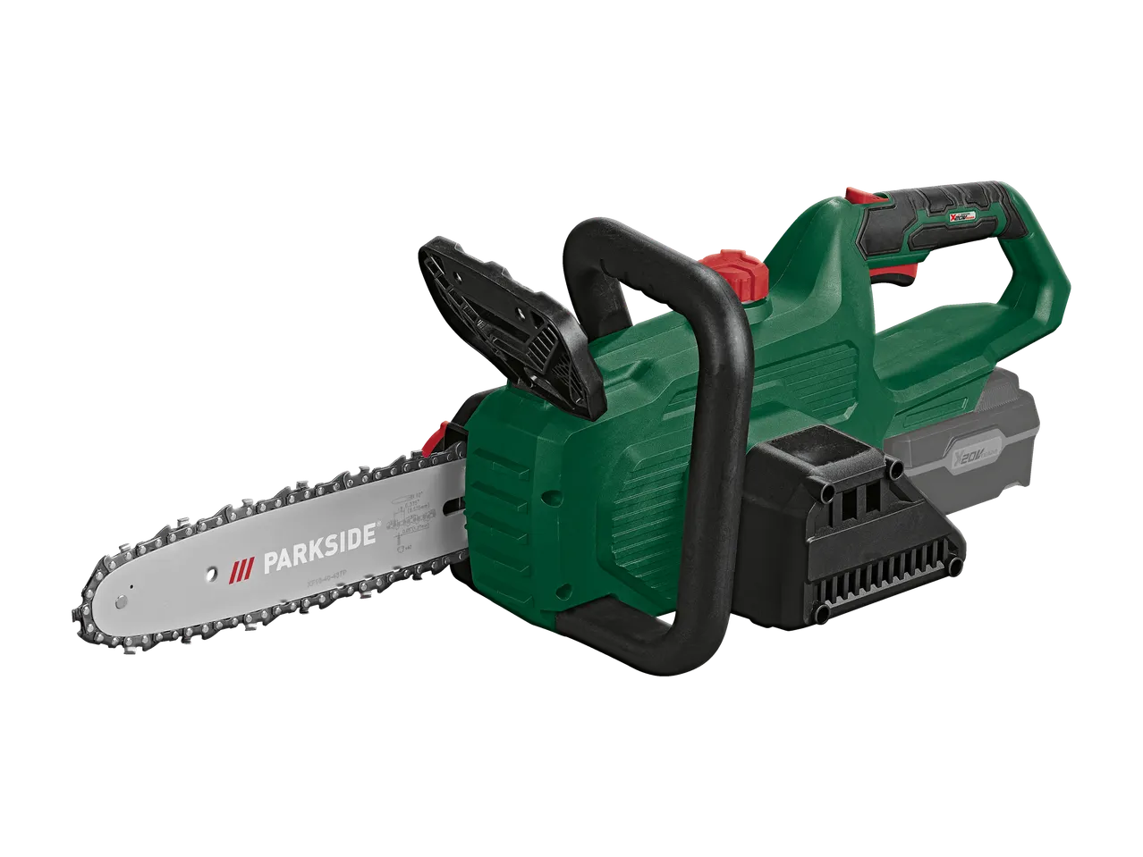 PARKSIDE® 20V Cordless Chainsaw with a black handle and a grey battery.
