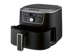 Black air fryer with a digital display showing 170 degrees Celsius and various cooking functions.