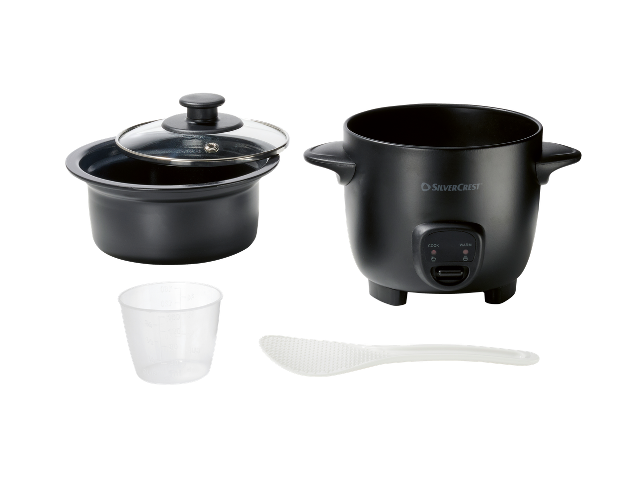 Silvercrest, panela de arroz preta com tampa, copo medidor e espátula.
