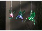 Girandola a energia solare a forma di tre colibrì colorati fatti a mano.