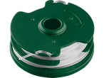 Bobina de linha de cortador de grama verde escura com linha branca.