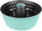 Moule à gâteau antiadhésif avec cannelures en spirale, turquoise et anthracite.