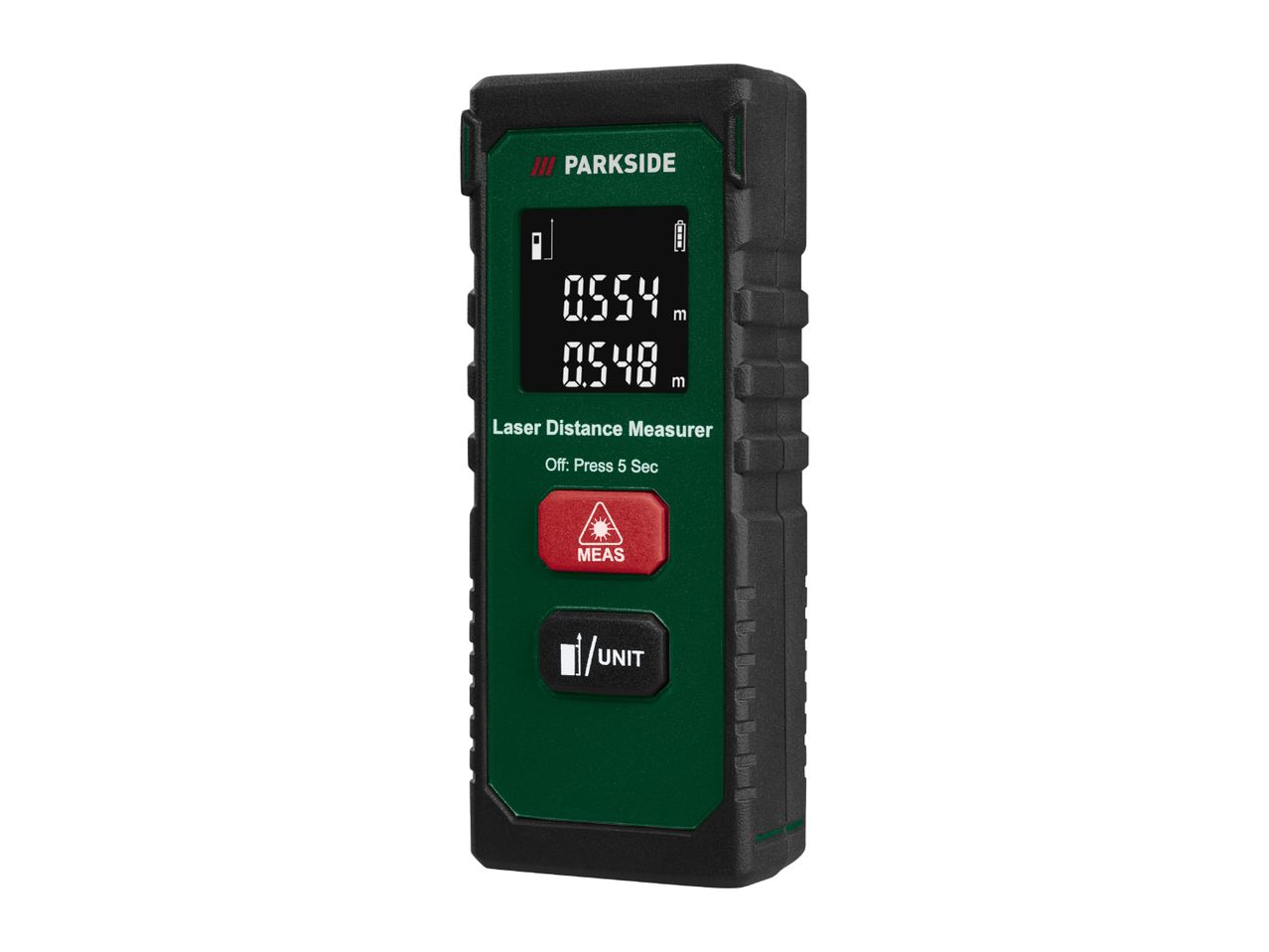 Laser distance measurer displaying 0.554m and 0.548m, with 'MEAS' and 'UNIT' buttons.