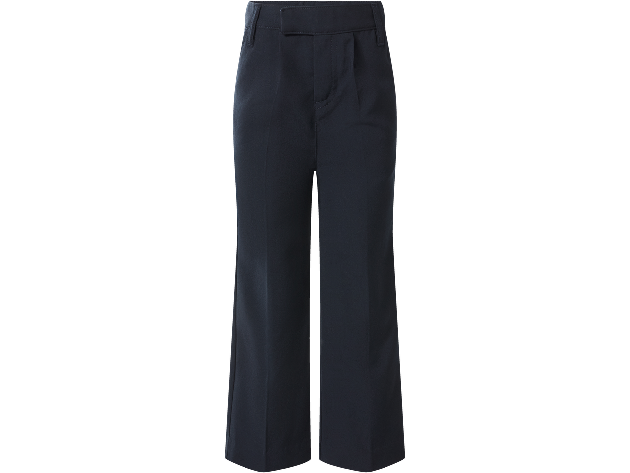 Dark blue kids' trousers with a flat front and belt loops.