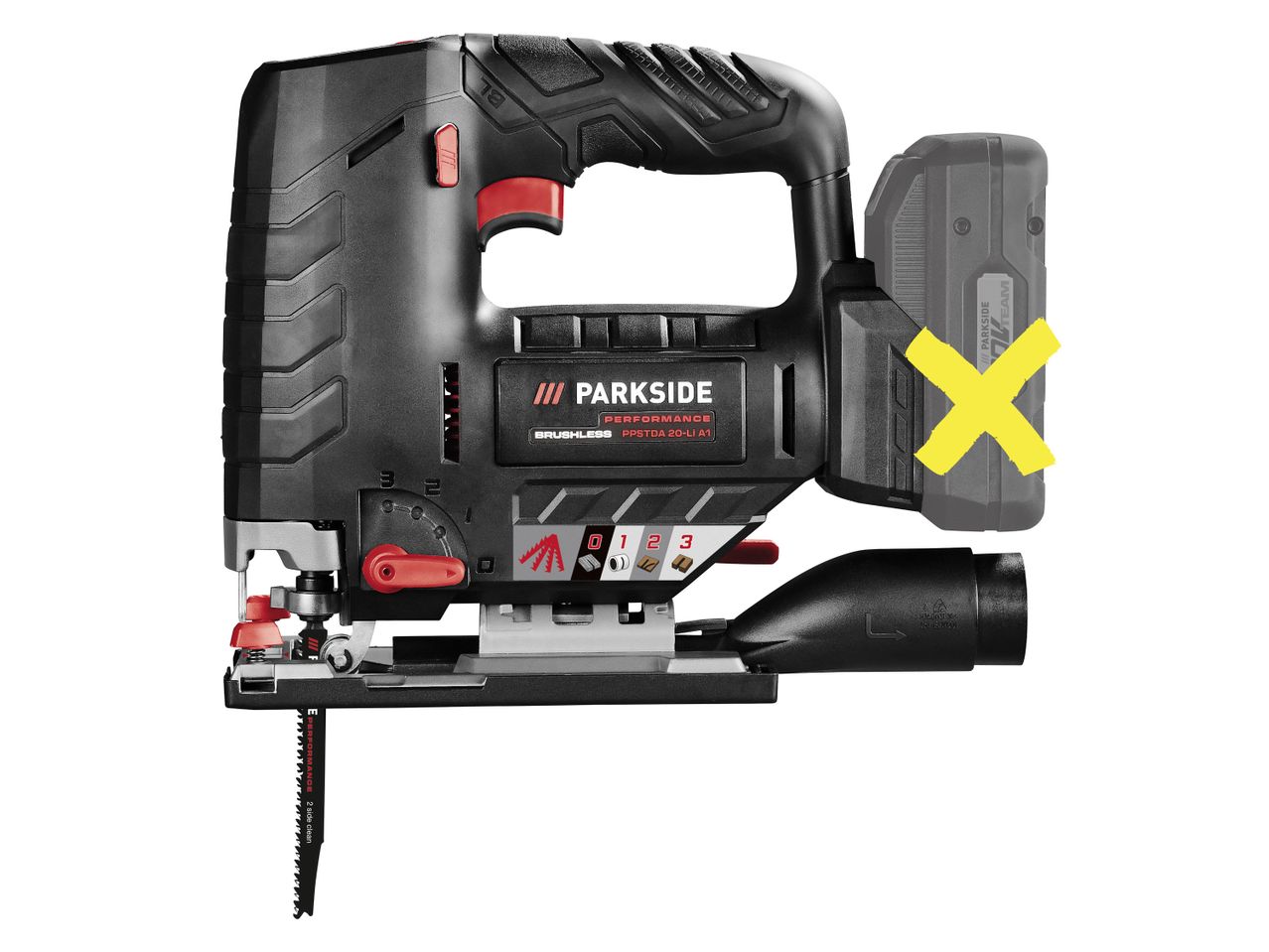 A black and red Parkside Performance brushless jigsaw with a saw blade and with a cross on battery pack.
