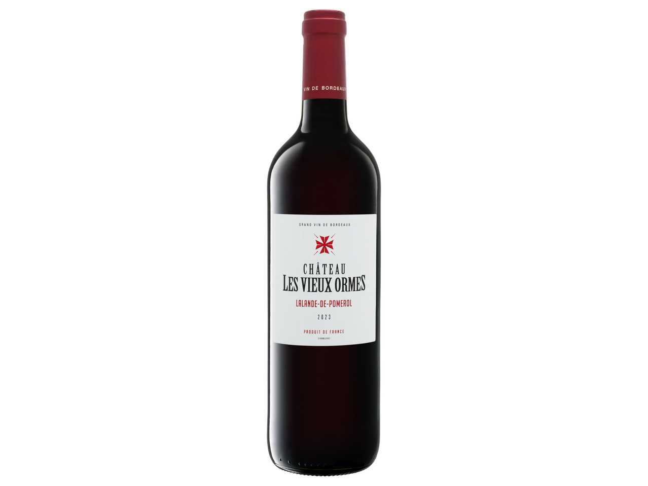 Fles rode wijn Lalande-de-Pomerol Les Vieux Ormes 2023.