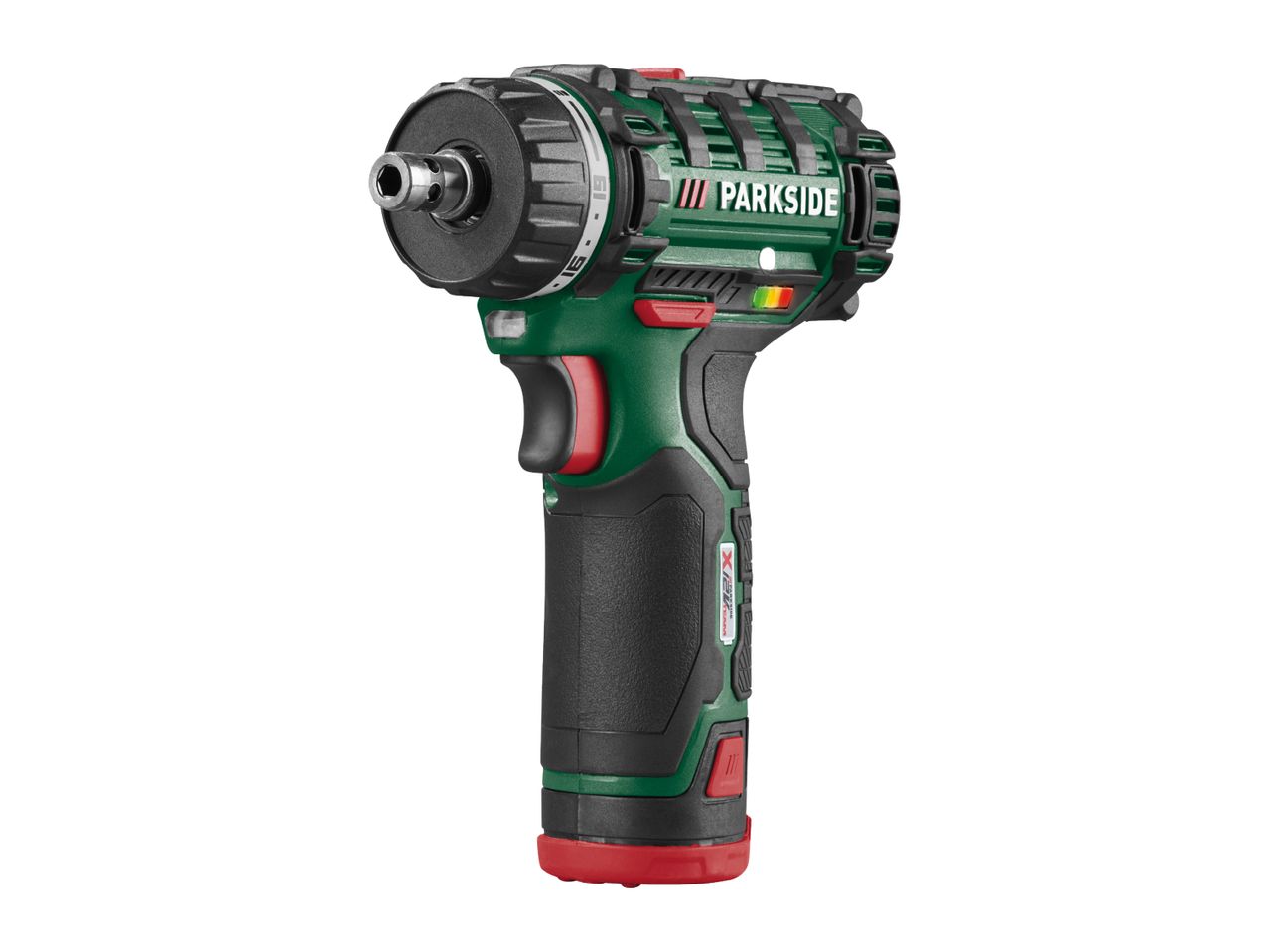 Cordless screwdriver with a green and black body, red accents, and a visible chuck.