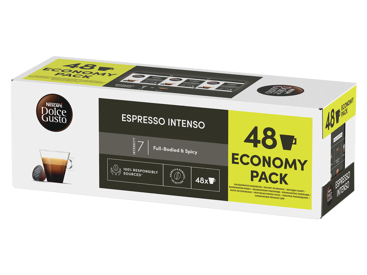 Кутия с 48 капсули за еспресо с интензитет 7, плътен и пикантен вкус.