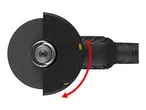 Angle grinder with a cutting disc and a red arrow indicating rotation.