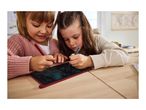 Two girls drawing on a digital writing tablet with styluses, creating stick figures and text.