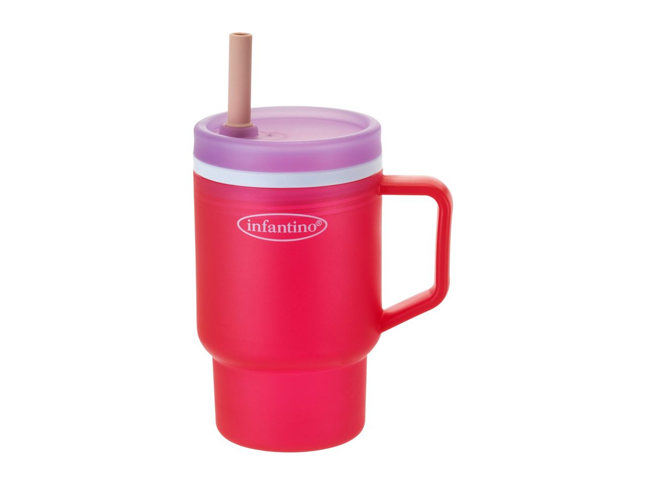 Red insulated sippy cup with a purple lid, white band, and a beige straw.