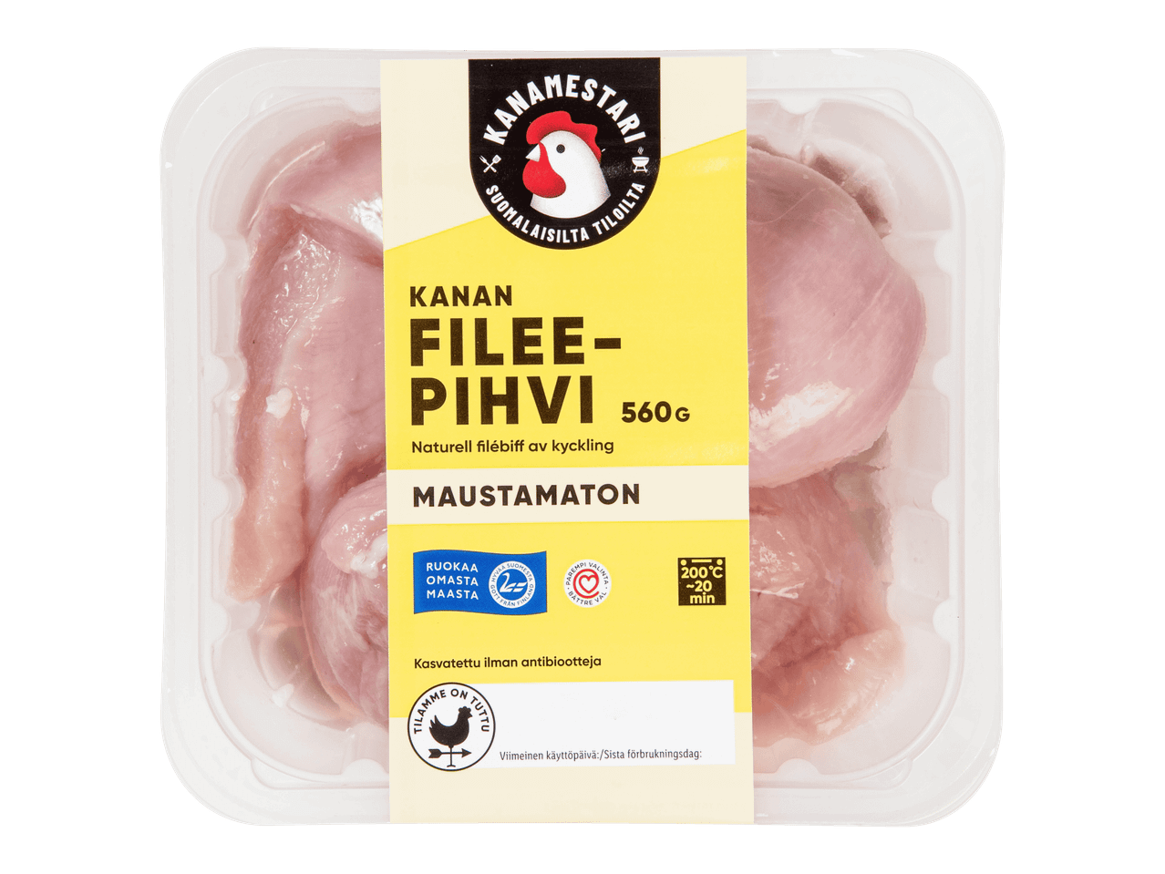 Kanamestareiden maustamaton kananfileepihvi (560g) pakkauksessa.