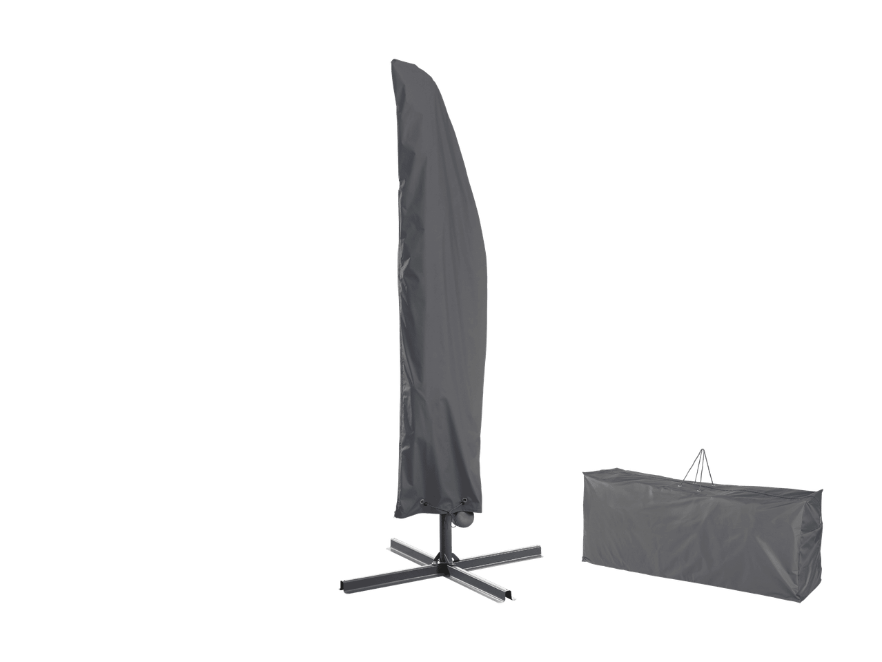 Geklappter Gartenschirm mit Schutzhülle und Tragetasche.