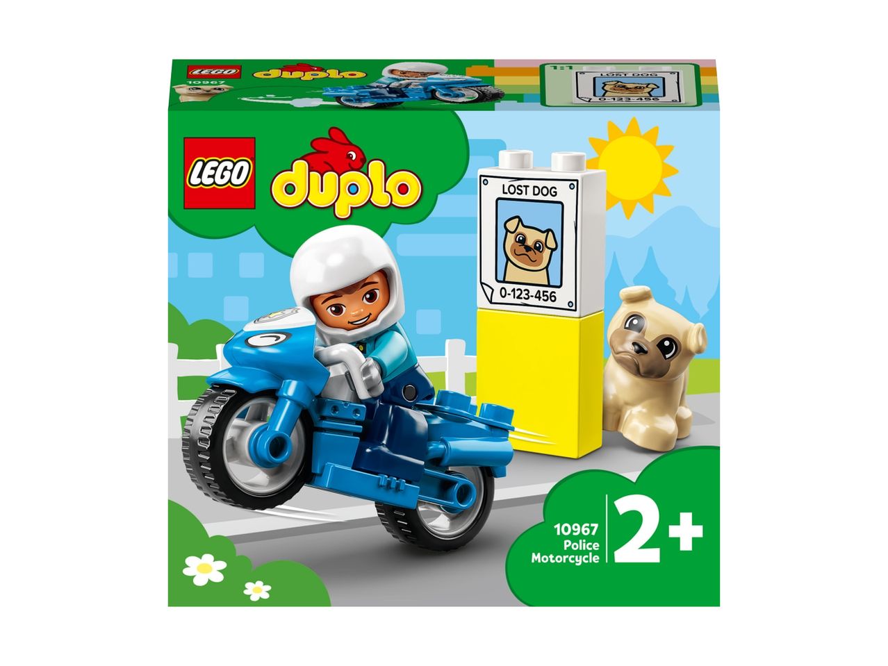 LEGO Duplo Police Motorcycle set with a rider and a lost dog sign.