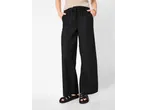 Woman wearing black wide-leg trousers with a drawstring waist and black woven sandals.