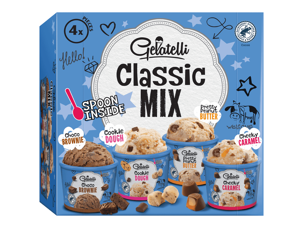 Callebaut Classic Mix jäätelöpakkaus, jossa neljä eri makua.