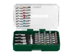 Screwdriver bit set with various bits and nut setters in a green and clear case.