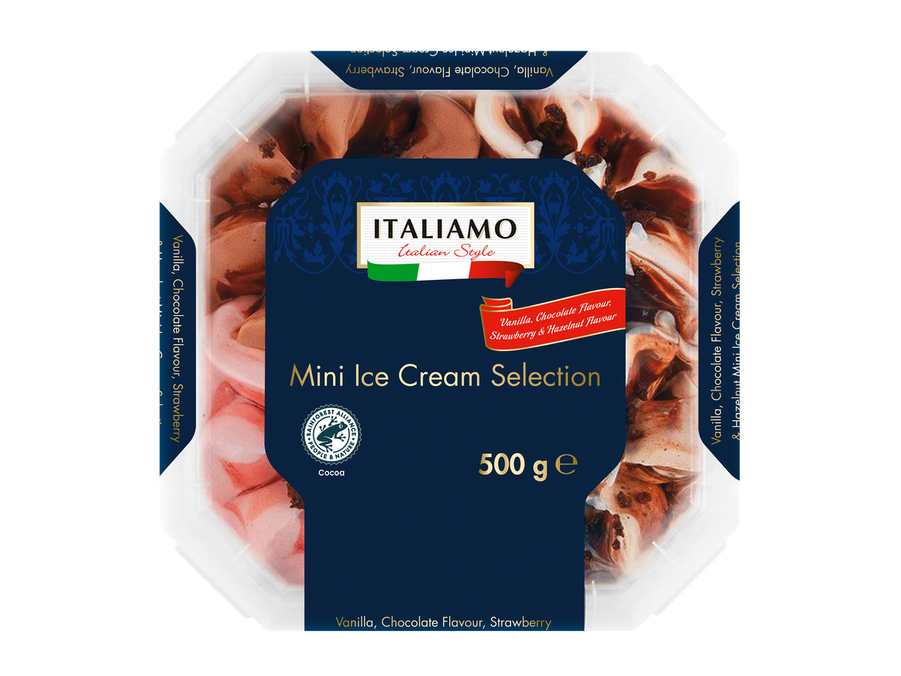 ITALIAMO itāļu stila mini saldējuma komplekts (500 g) caurspīdīgā plastmasas traukā.