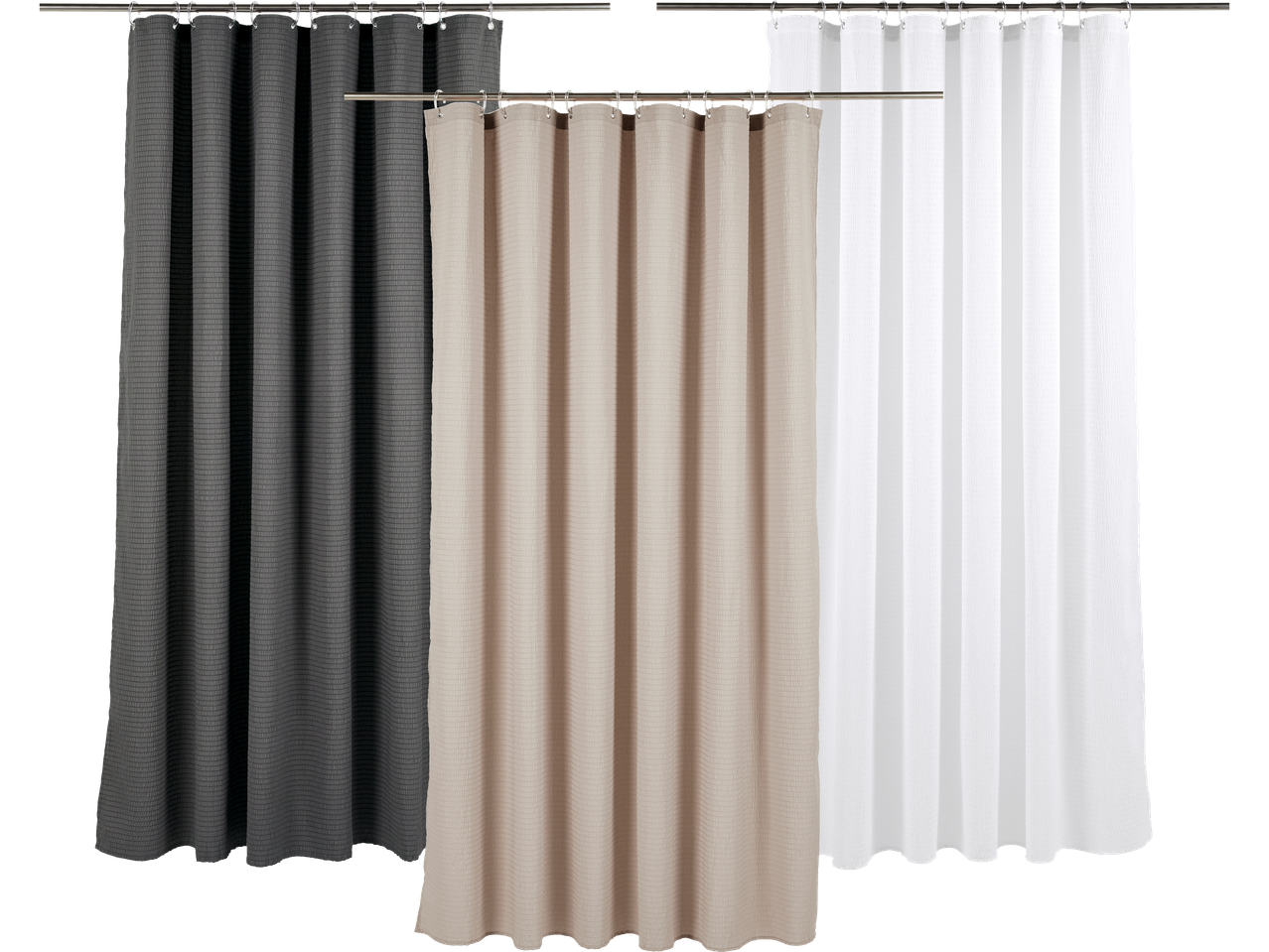 Tre duschdraperier i grått, beige och vitt.