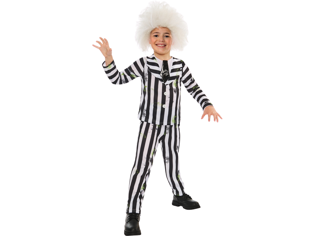 Child in a Beetlejuice costume with a black and white striped suit and white wig.