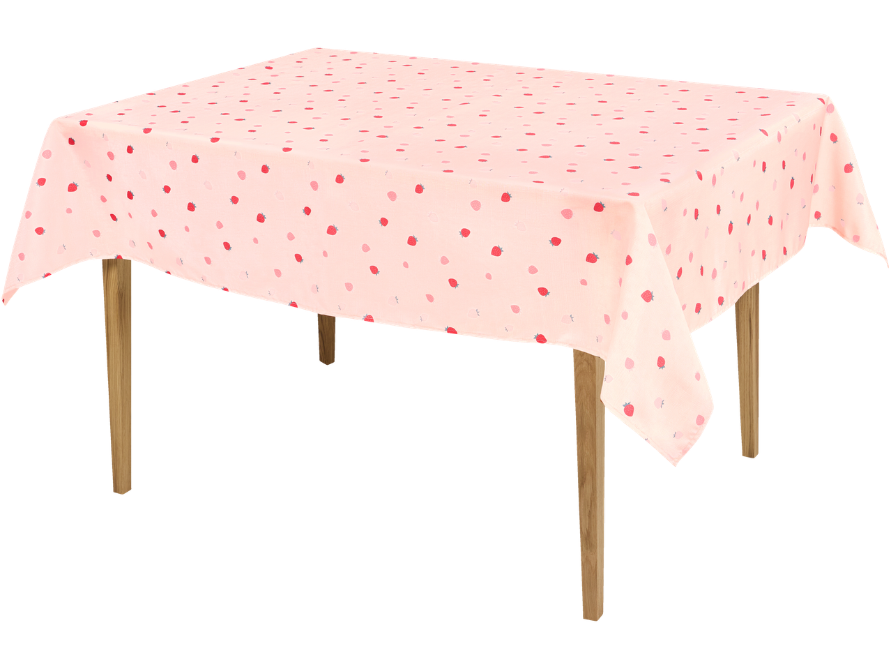 Svetloružičasti stolnjak sa dezenom jagoda na drvenom stolu.