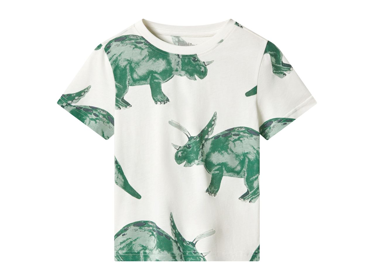 White short-sleeved t-shirt with a green dinosaur print.