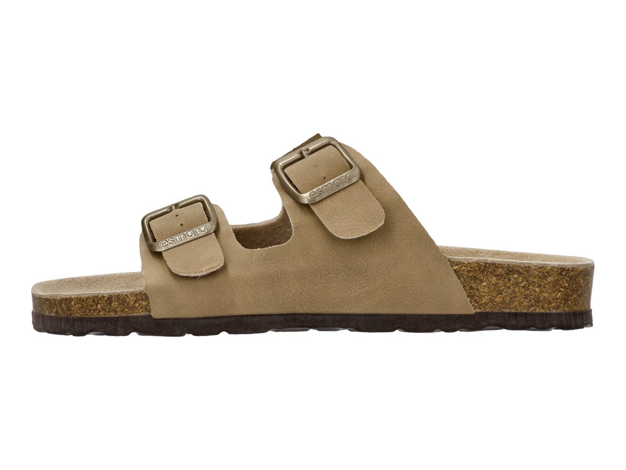 Beige two-strap sandals with buckle closures and a cork sole.