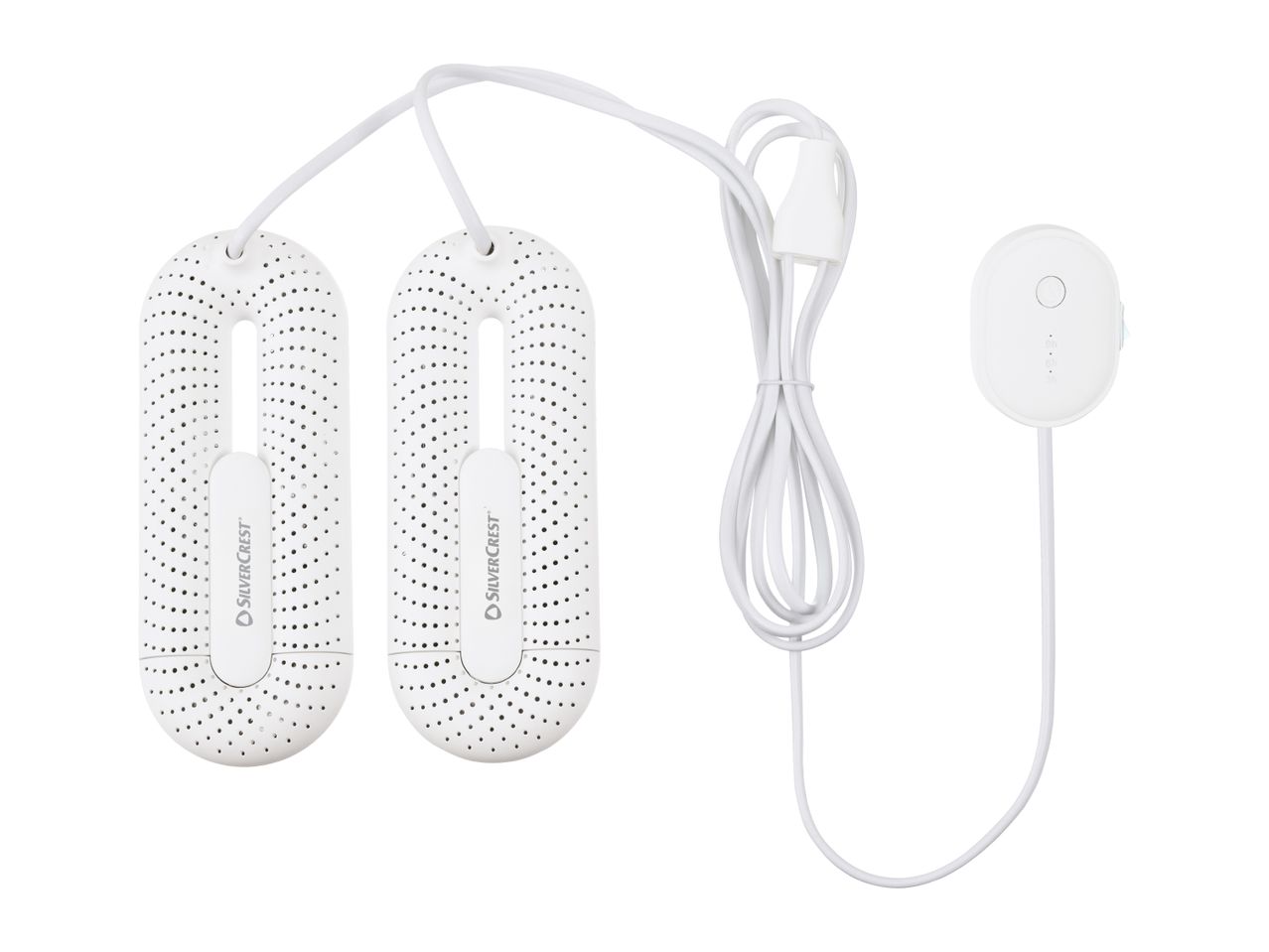 SilverCrest shoe dryer with two white perforated inserts and a control unit