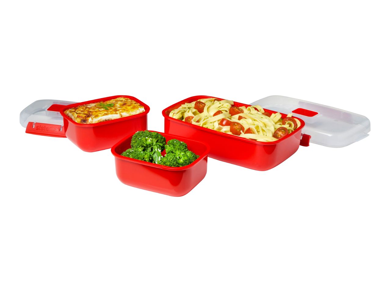 Red food containers with lasagna, pasta with tomatoes, and broccoli.