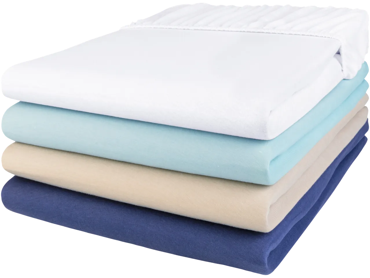 A stack of four fitted sheets in white, light blue, beige, and navy blue.