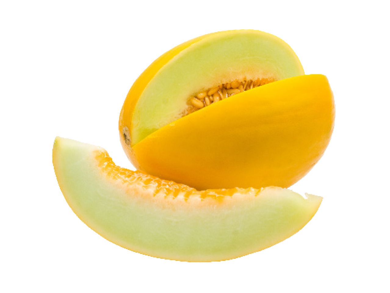 A yellow melon with a slice taken out of it showing the light green flesh and seeds.