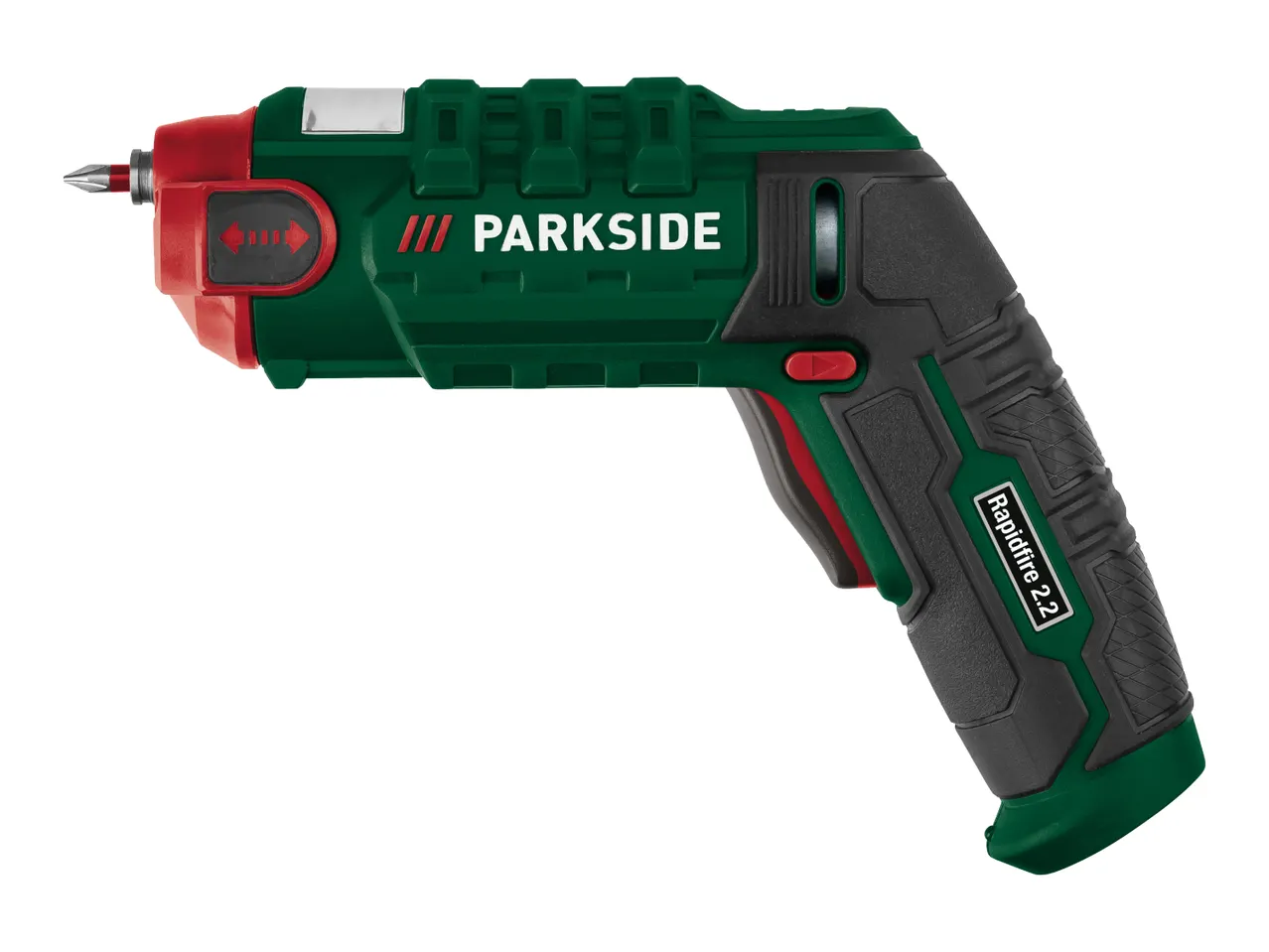 Green and black electric screwdriver with red accents, featuring the brand Parkside.