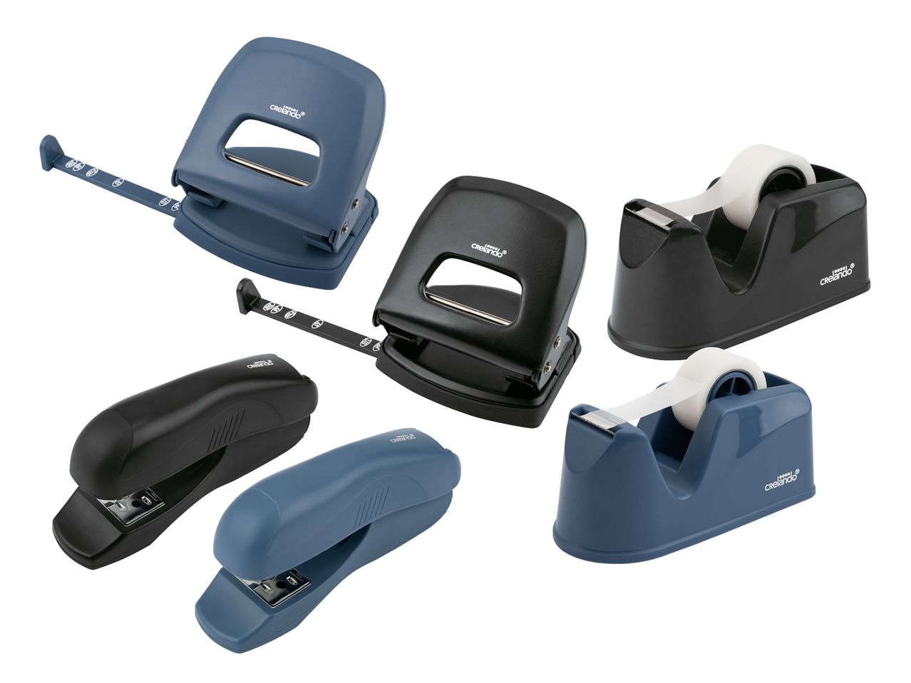 Crelanado Büroartikel: Locher, Tesa-Abroller und Tacker in Schwarz und Blau