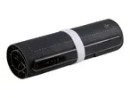 Black portable hair straightener with temperature settings and a white strap.