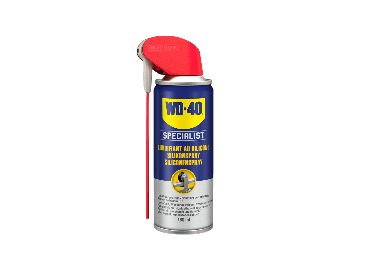 Een bus WD-40 Specialist Siliconenspray met een rode Smart Straw applicator.