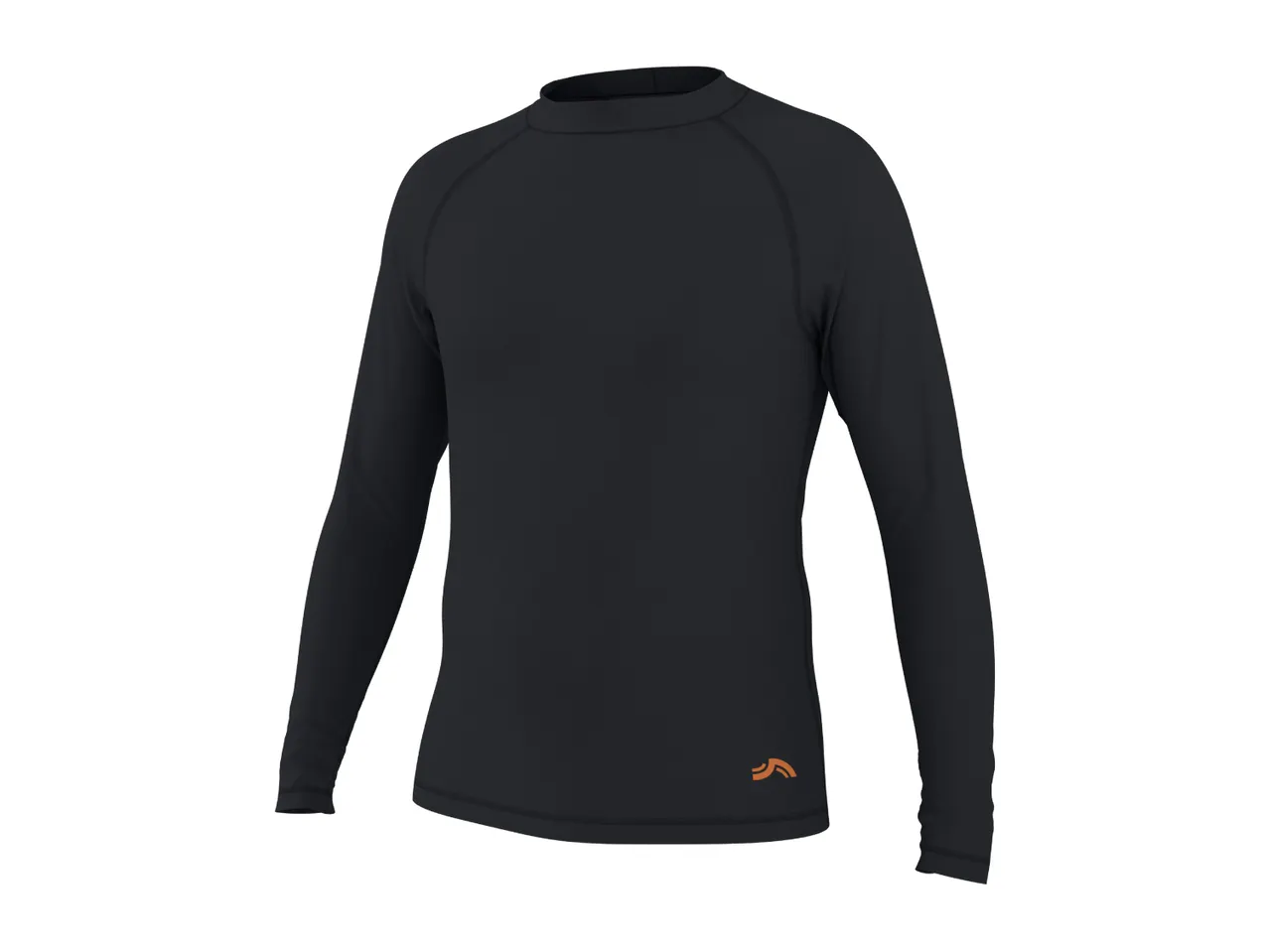 Black long-sleeved rash guard with a small orange logo on the bottom left.