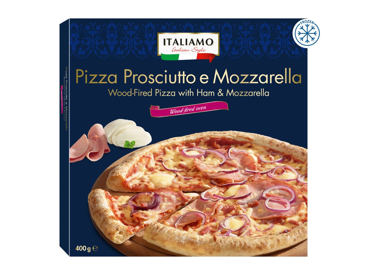 Frozen wood-fired pizza with prosciutto, mozzarella, and red onion, 400g.