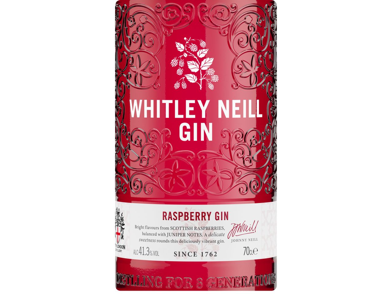 Бутилка Whitley Neill Raspberry Gin с емблема и детайли на етикета.