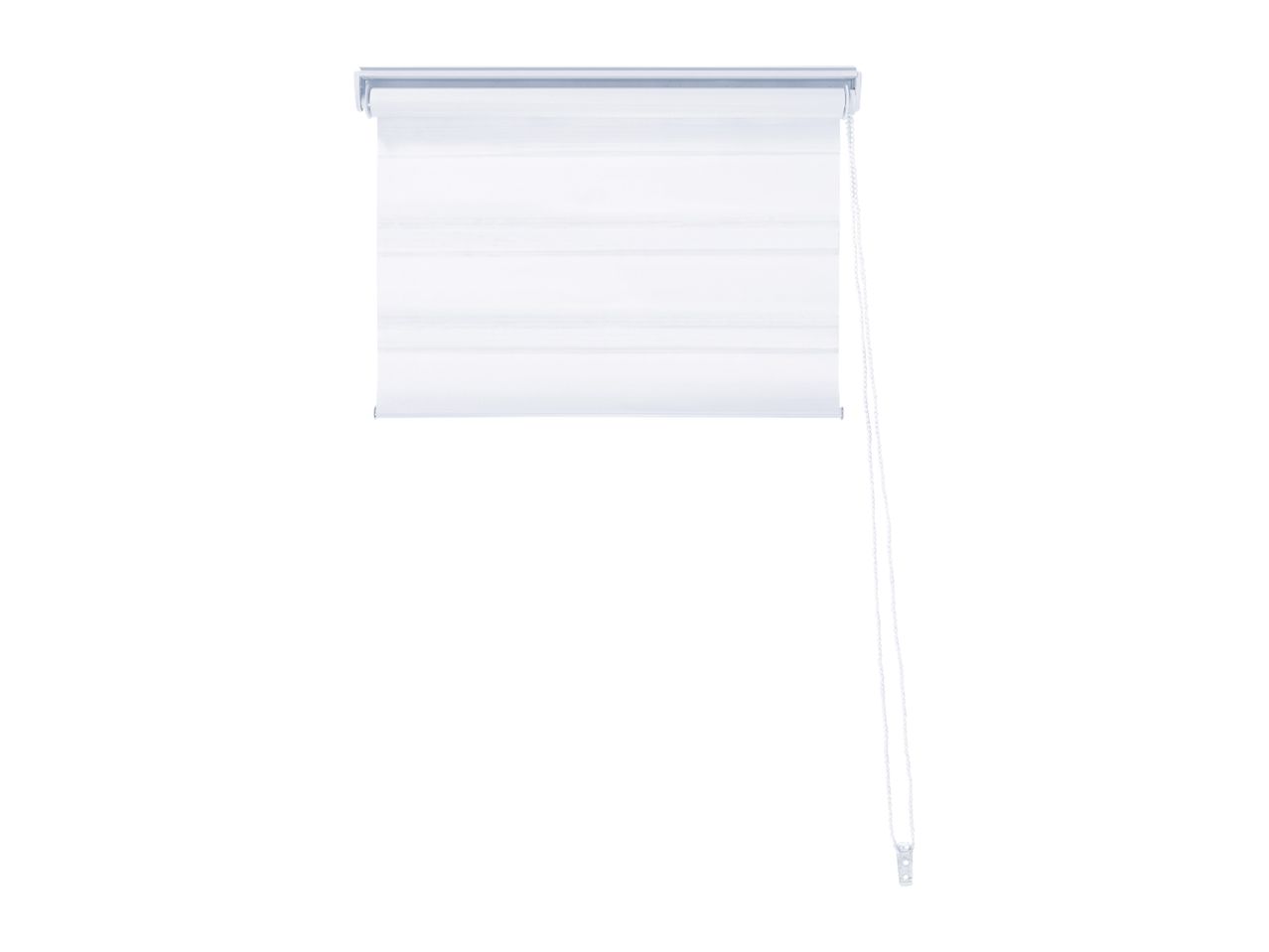 White roller blind with horizontal stripes and a pull cord on a white background.