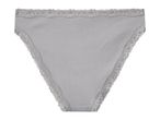 Light grey ribbed women's briefs with delicate lace trim along the waist and leg openings.