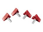 Four red plastic clamping knobs with threaded metal screws