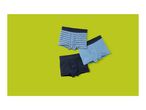 Three pairs of boys' boxer briefs in blue, striped blue, and dark blue on a lime green background.