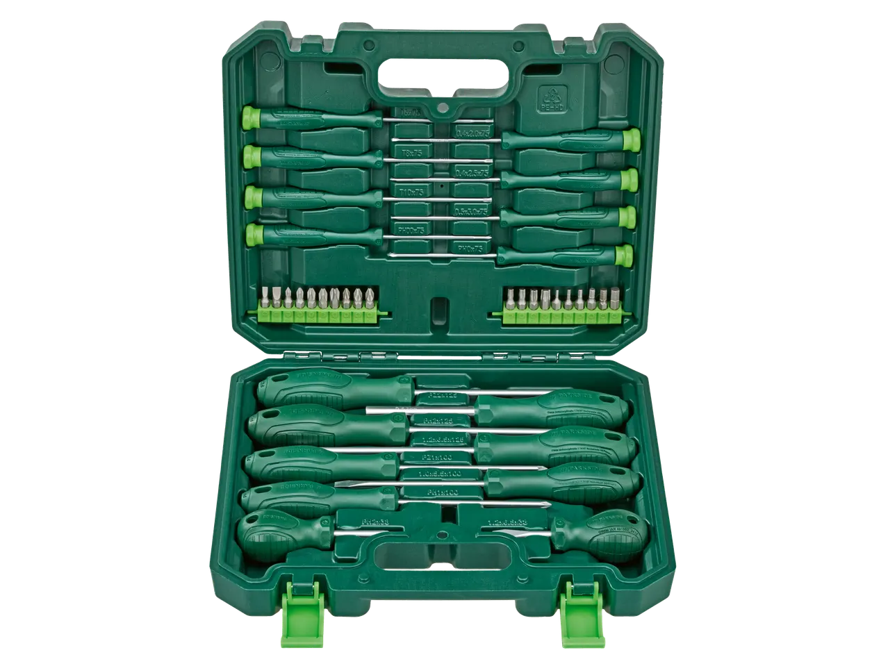 Conjunto de chaves de fenda e bits numa caixa verde, incluindo chaves de fenda de precisão e bits variados.