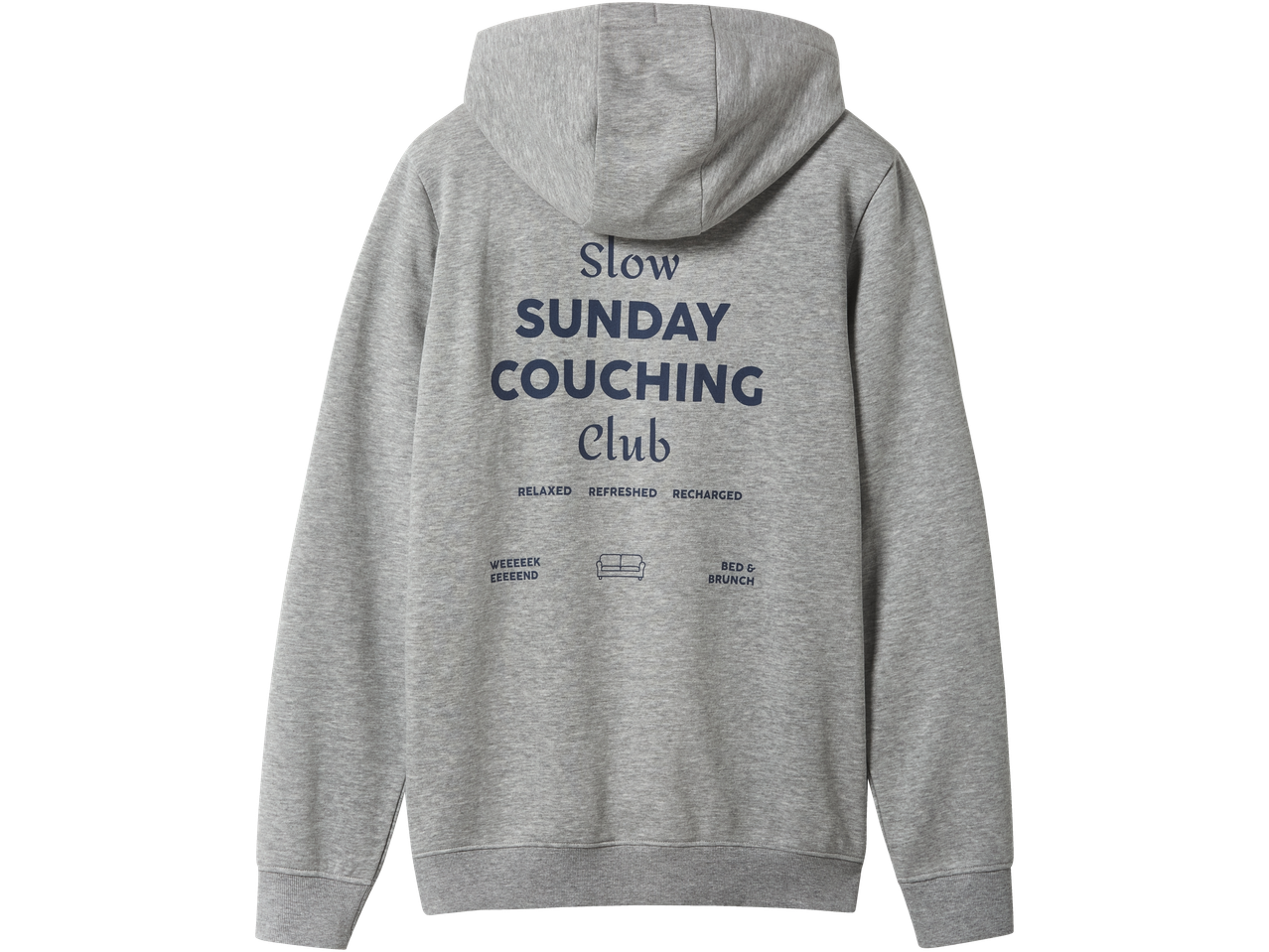 Сив мъжки суичър Esmara с качулка с надпис „Slow Sunday Couching Club“ на гърба.