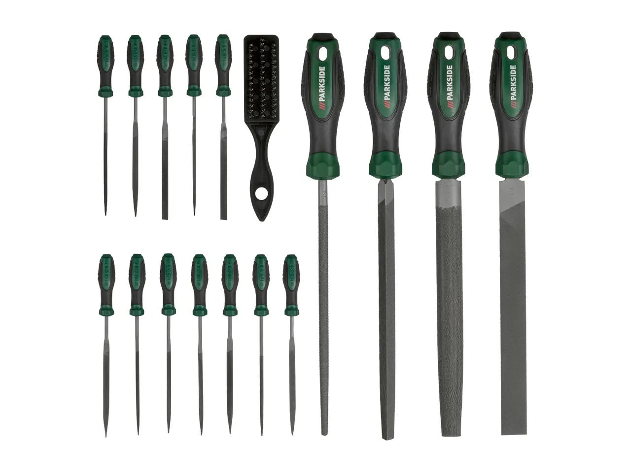 Parkside brand file set with various sizes and a file cleaning brush.