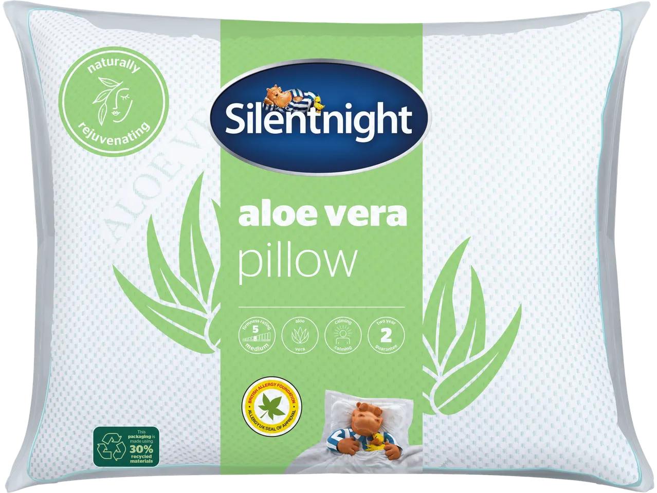 Silentnight Aloe Vera pillow in its packaging, featuring a calming design and a 2-year guarantee.