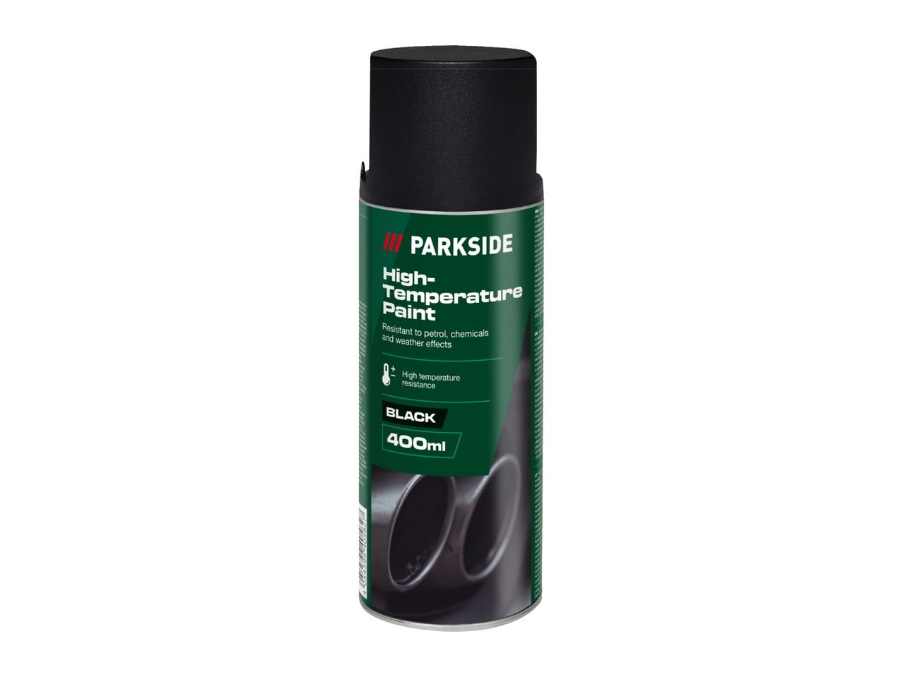 Black high-temperature paint spray can, 400ml, resistant to petrol, chemicals, and weather effects.